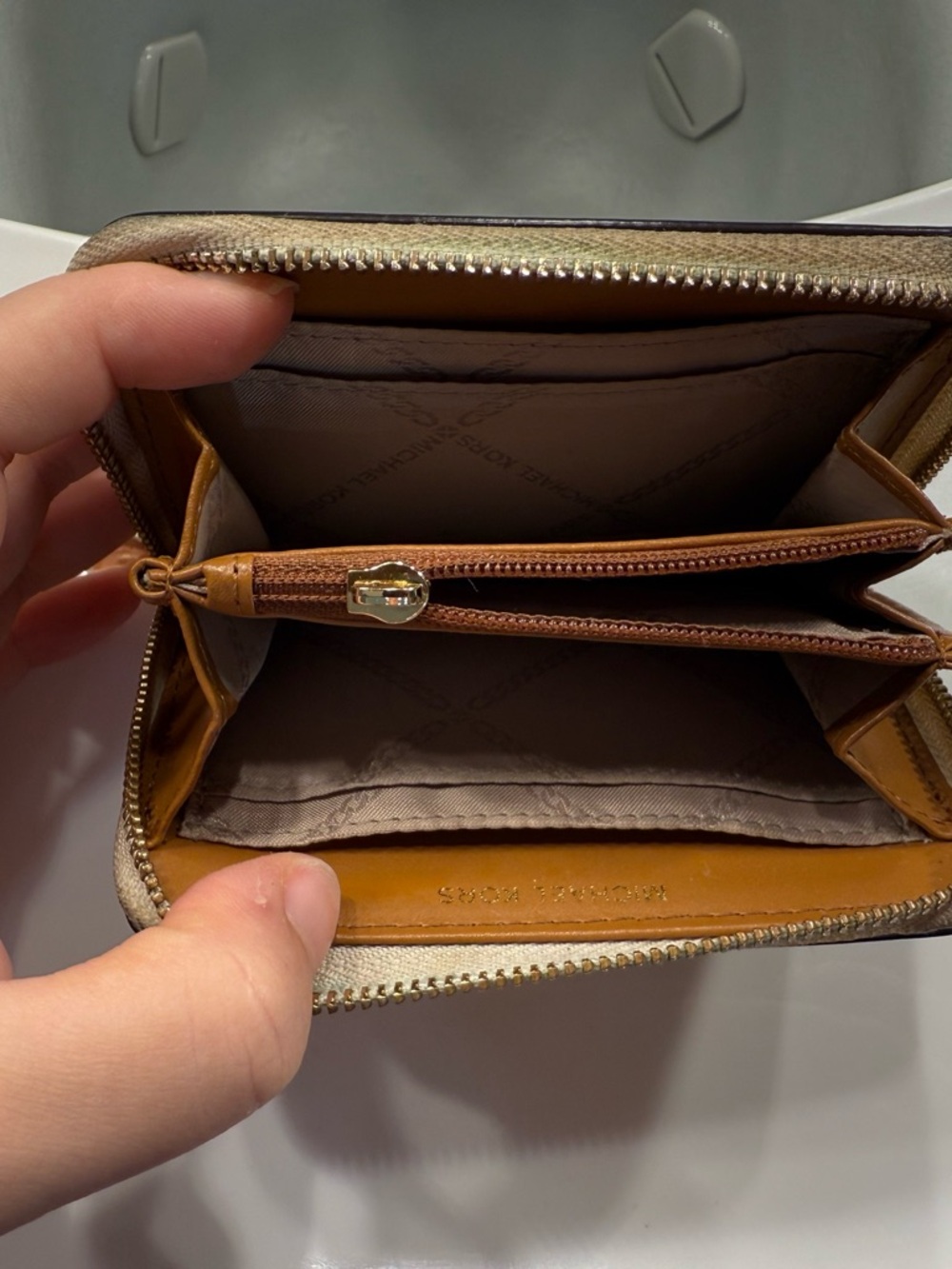 Michael Kors Beige Monogram Zip-Around Wallet with Brown Trim - Picture 5 of 7